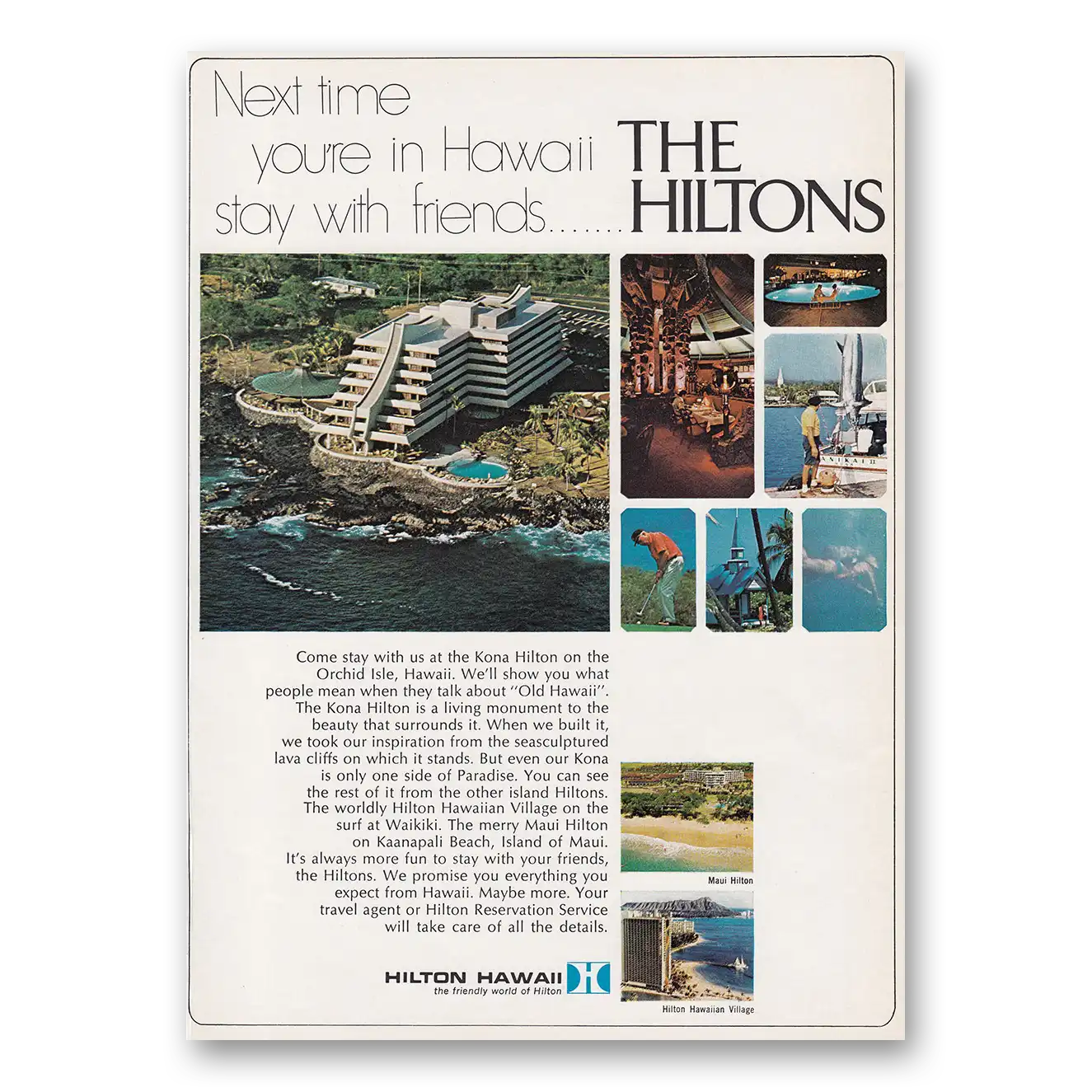 1969 Hilton Hotels Next Time You're In Hawaii Vintage Magazine Print Ad