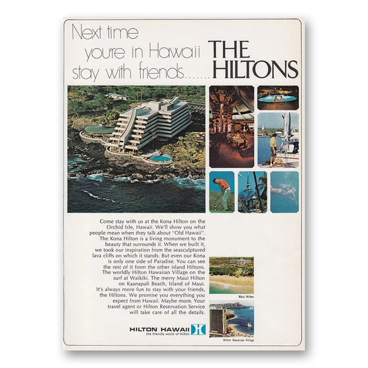 1969 Hilton Hotels Next Time You're In Hawaii Vintage Magazine Print Ad