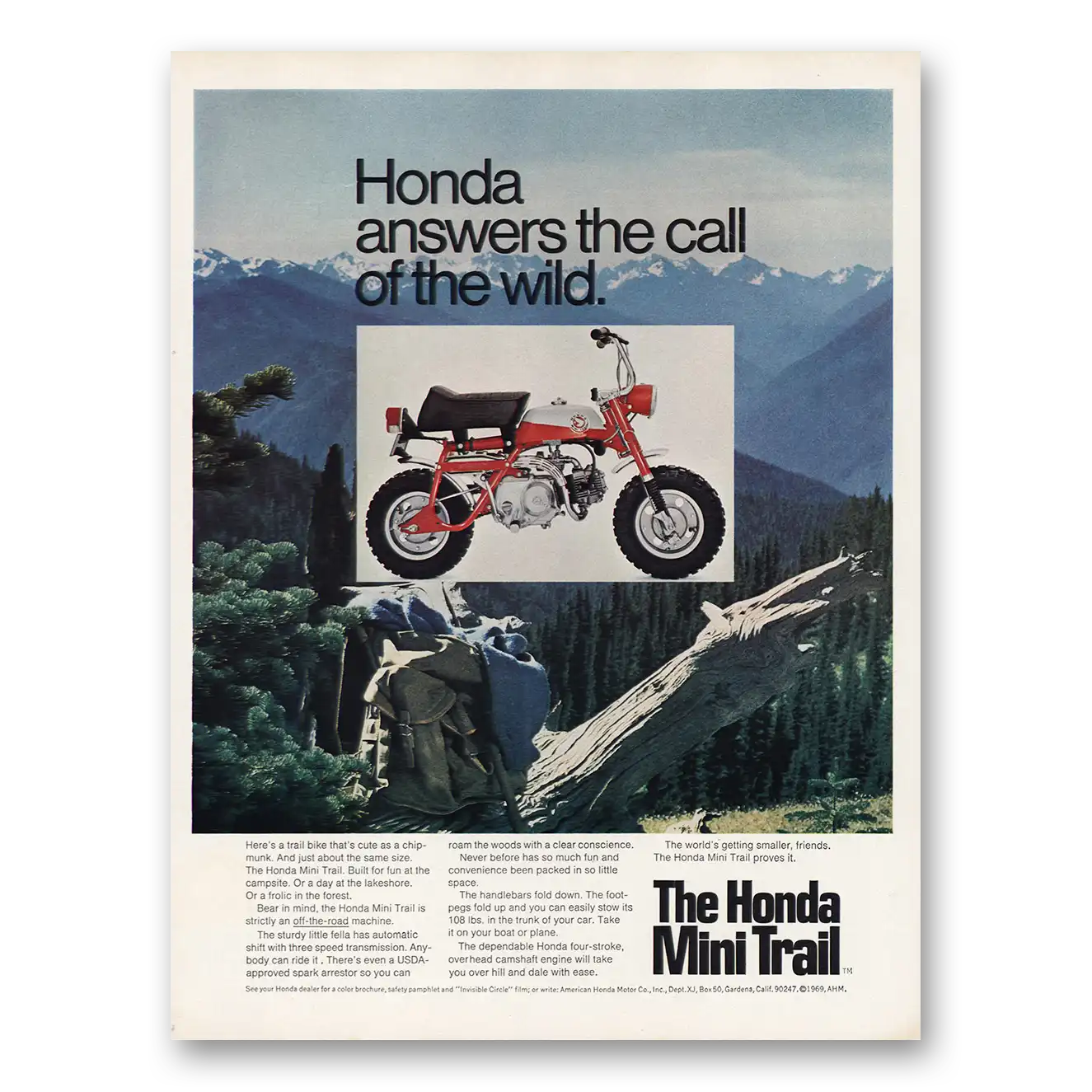 1969 Honda Motorcycle Mini Trail Answers the Call of the Wild Vintage Magazine Print Ad