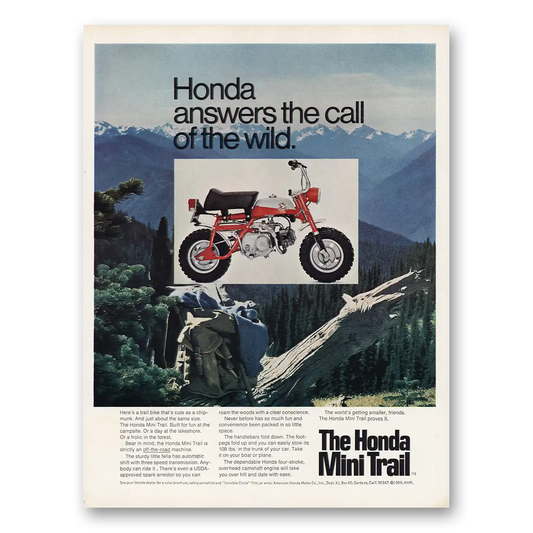 1969 Honda Motorcycle Mini Trail Answers the Call of the Wild Vintage Magazine Print Ad