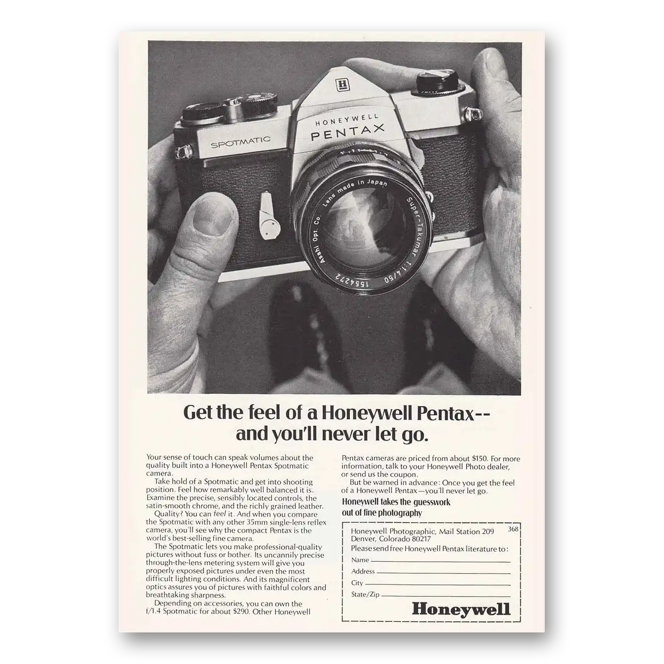 1969 Pentax Camera Get the Feel Never Let Go Vintage Magazine Print Ad