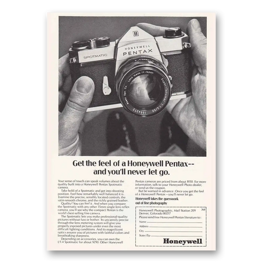 1969 Pentax Camera Get the Feel Never Let Go Vintage Magazine Print Ad