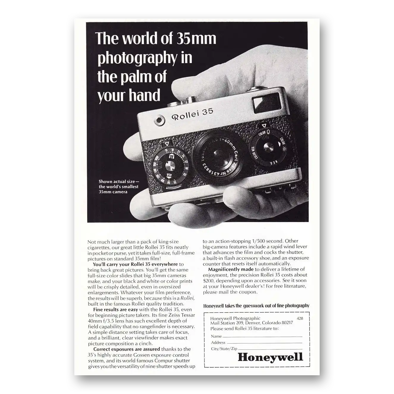 1969 Rollei Camera Palm of Your Hand Vintage Magazine Print Ad