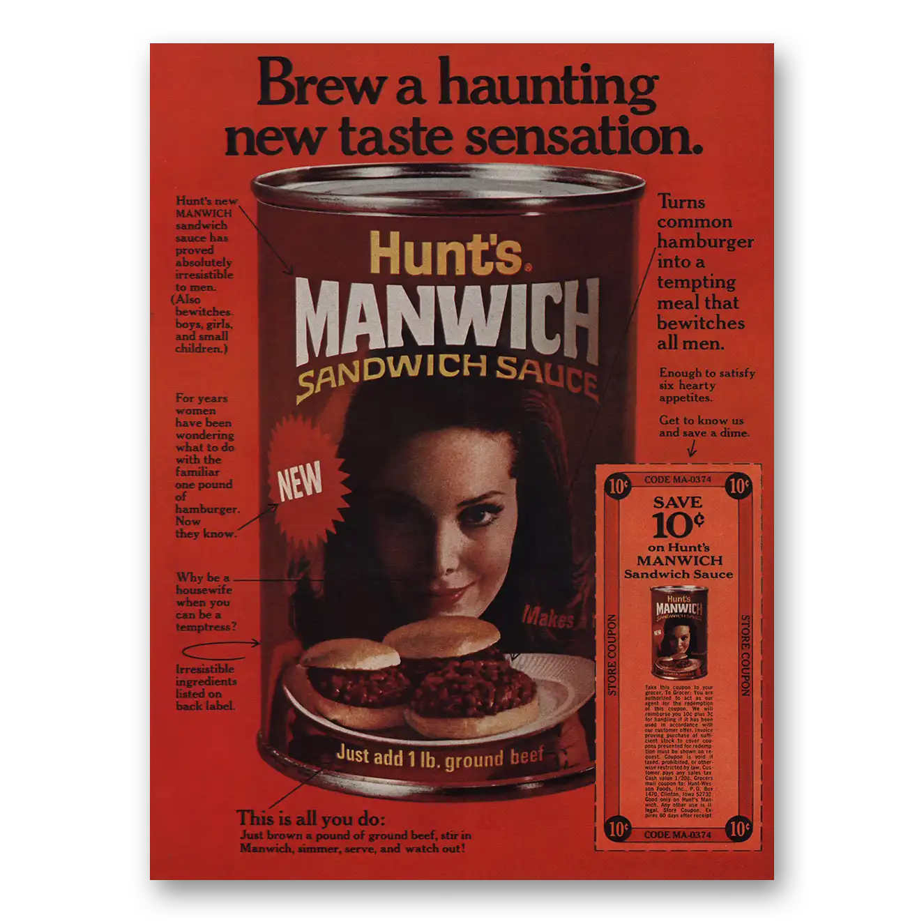 1969 Hunts Manwich Sauce Brew a Haunting Vintage Magazine Print Ad