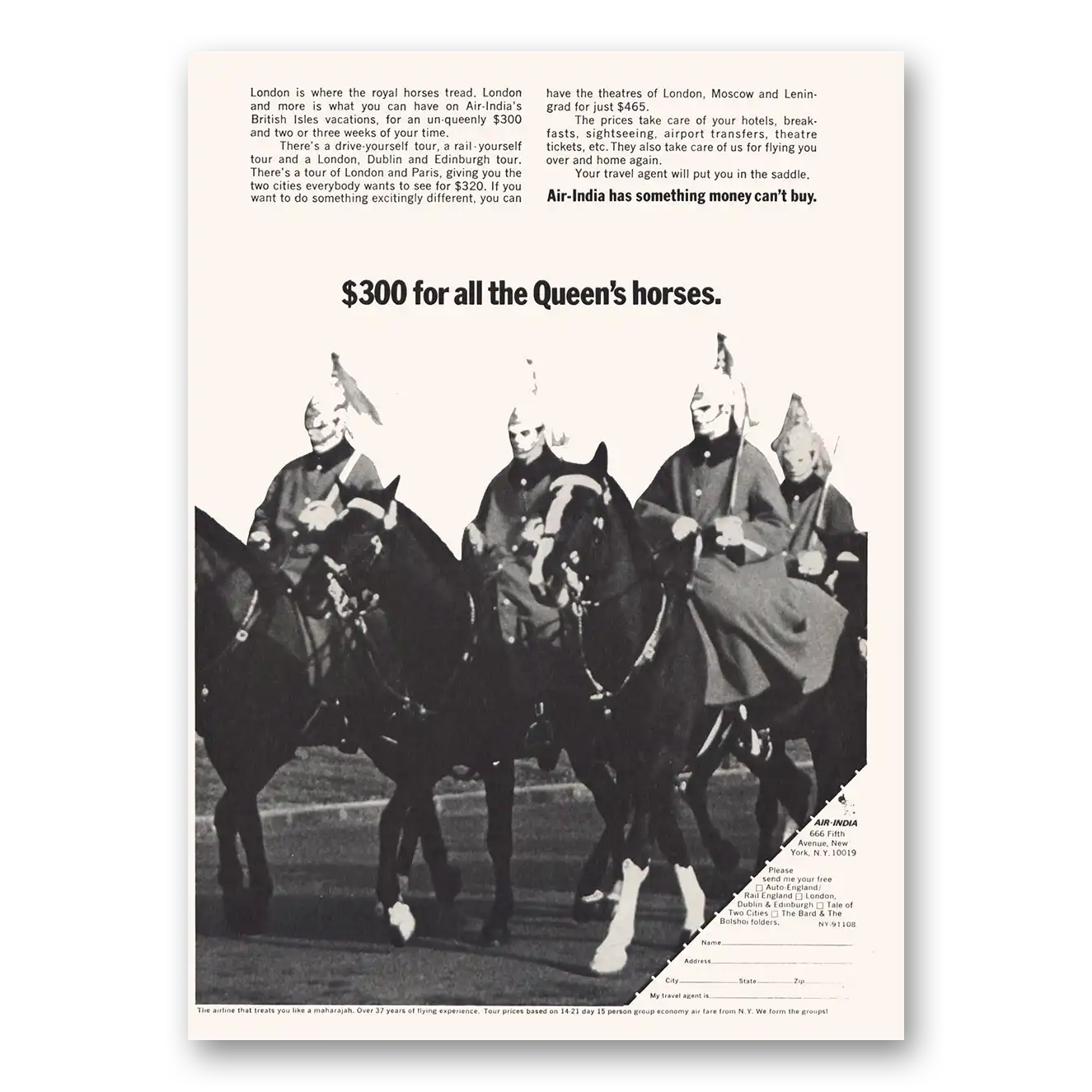 1969 Air India All the Queens Horses Vintage Magazine Print Ad