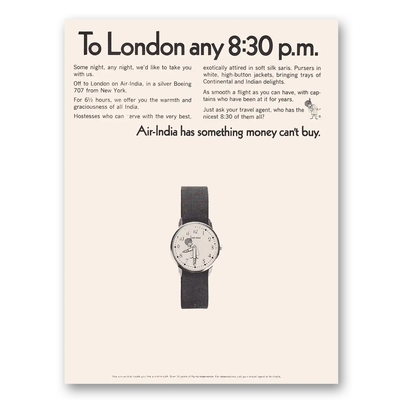 1969 Air India To London Any 830 PM Vintage Magazine Print Ad