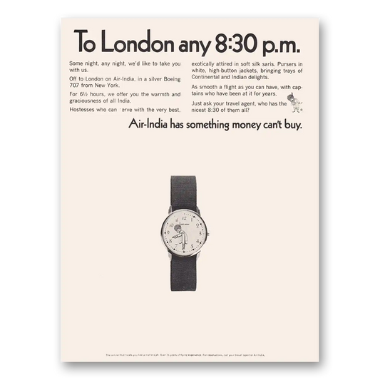 1969 Air India To London Any 830 PM Vintage Magazine Print Ad