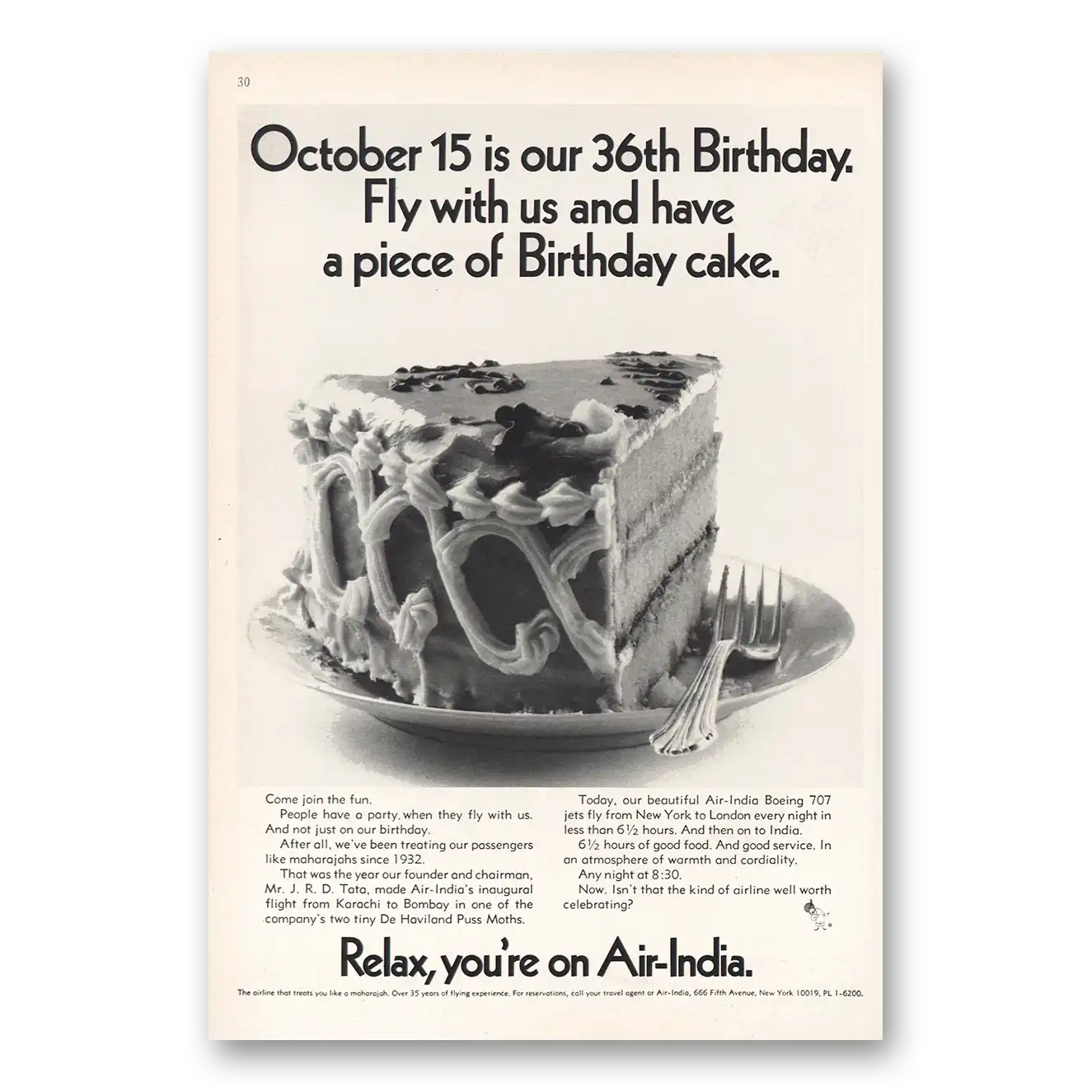 1969 Air India 36th Birthday Cake Vintage Magazine Print Ad