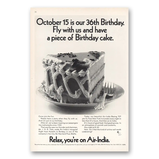 1969 Air India 36th Birthday Cake Vintage Magazine Print Ad