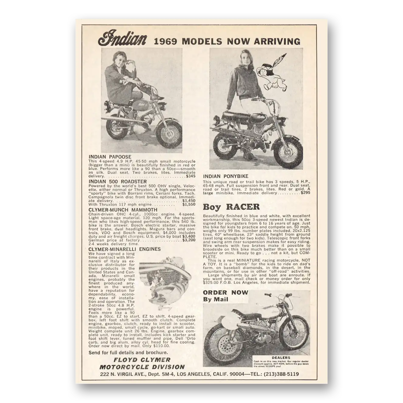 1969 Indian Motorcycle Models Now Arriving Vintage Magazine Print Ad