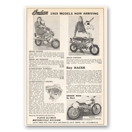 1969 Indian Motorcycle Models Now Arriving Vintage Magazine Print Ad