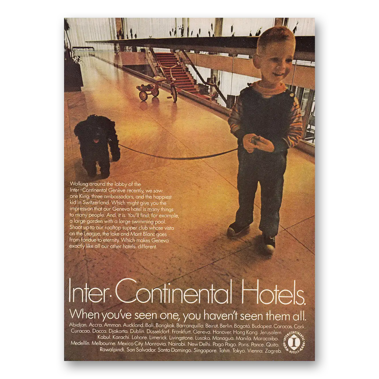 1969 InterContinental Hotels Walking Around the Lobby Vintage Magazine Print Ad