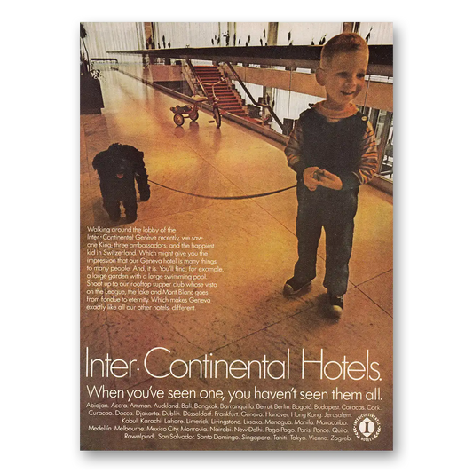 1969 InterContinental Hotels Walking Around the Lobby Vintage Magazine Print Ad