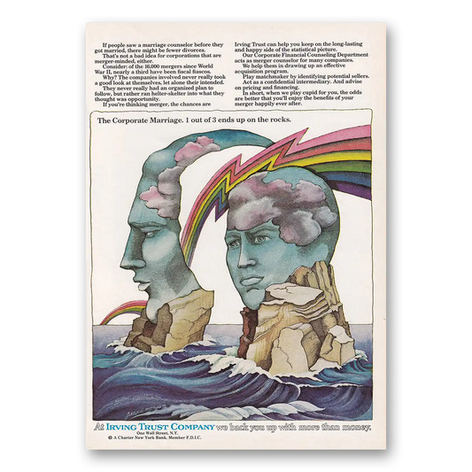 1969 Irving Trust Company Corporate Marriage 1 Out of 3 End Up On the Rocks Vintage Magazine Print Ad