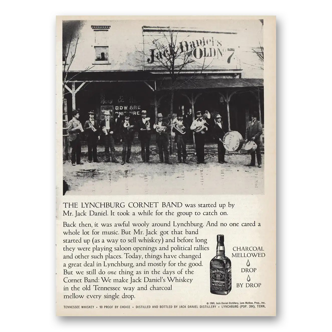 1969 Jack Daniels Lynchburg Cornet Band Vintage Magazine Print Ad