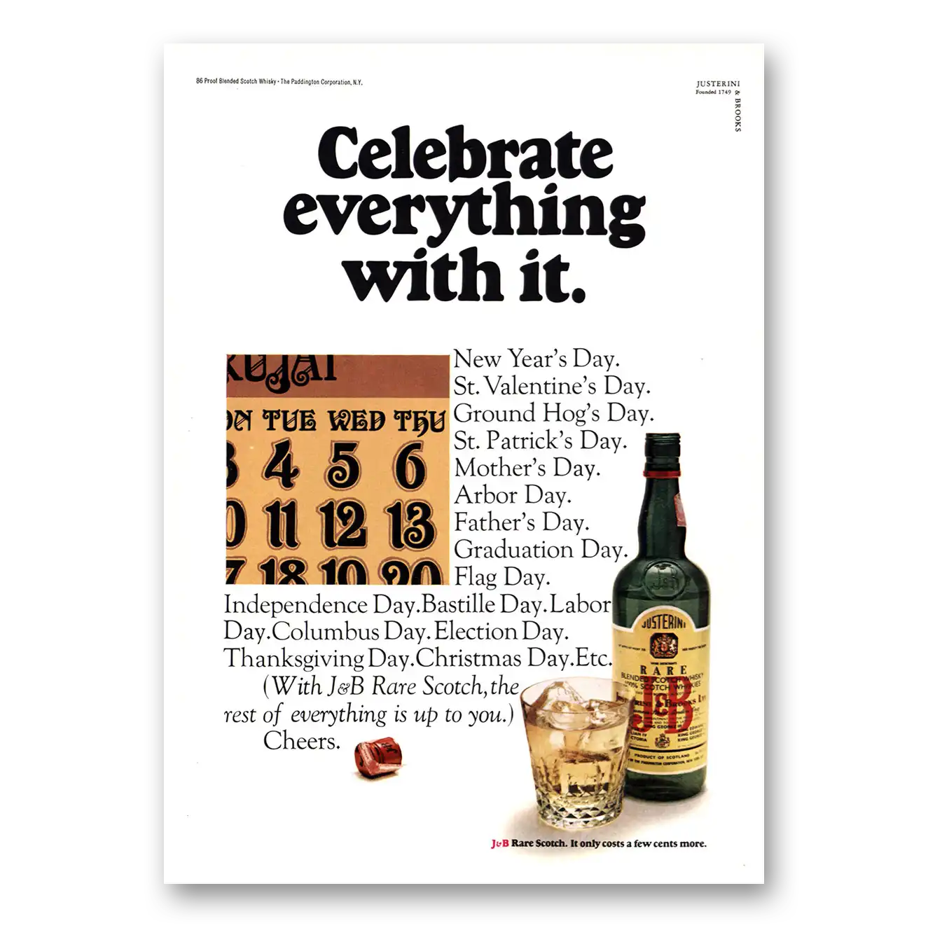 1969 J&B Scotch Whisky Celebrate Everything With It Vintage Magazine Print Ad