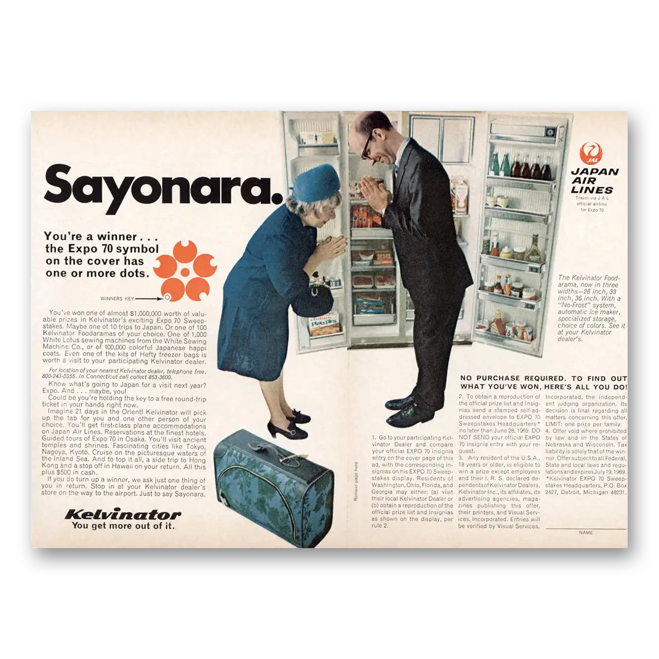 1969 Kelvinator Refrigerator Sayonara Japan Air Lines Vintage Magazine Print Ad