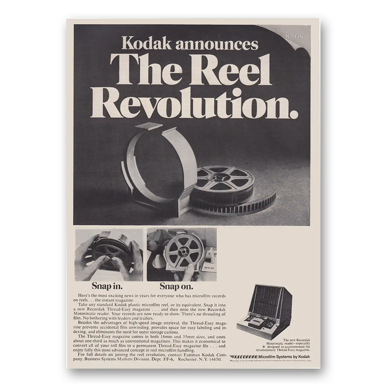 1969 Kodak Microfilm Systems Reel Revolution Vintage Magazine Print Ad