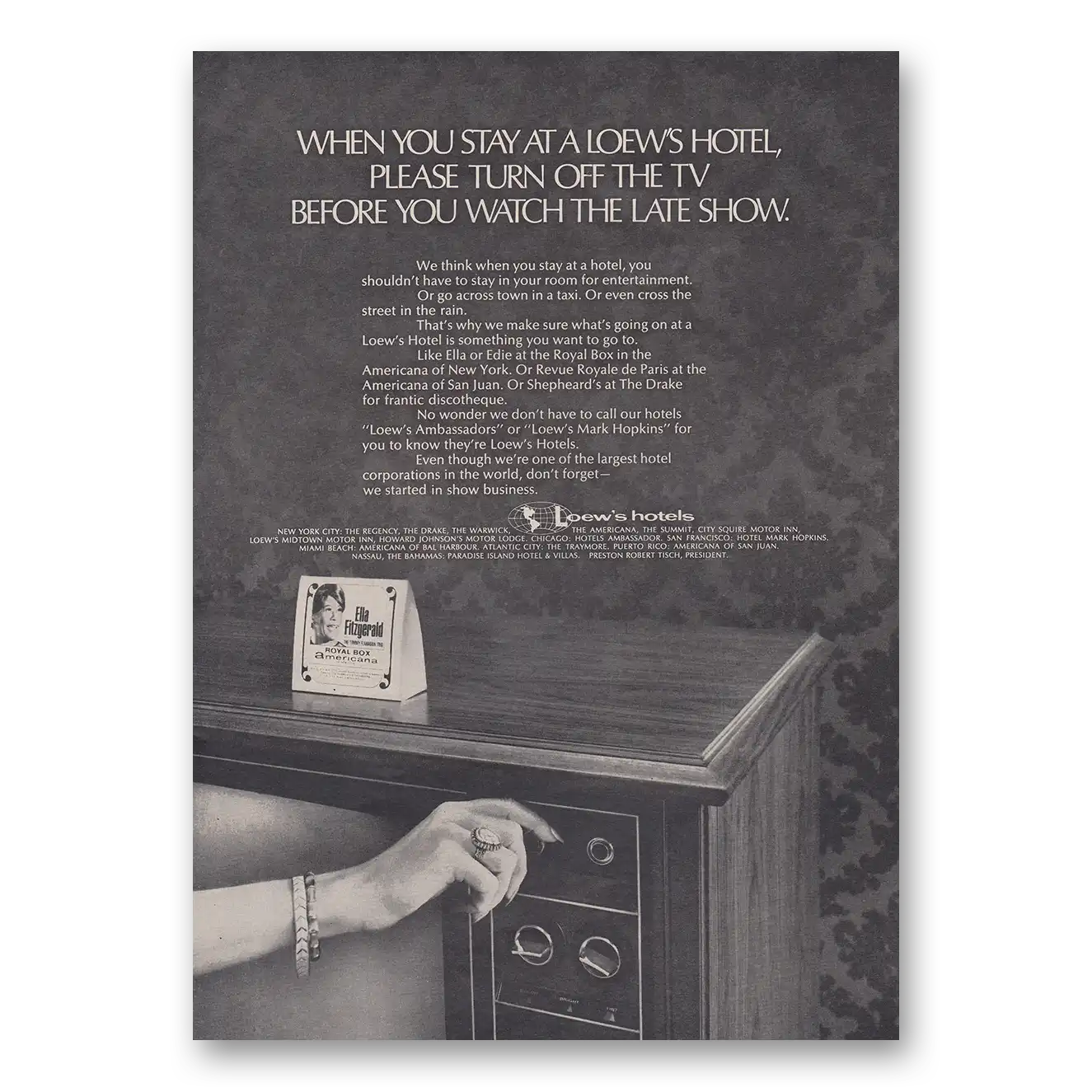 1969 Loews Hotels Please Turn Off the TV Before You Watch the Late Show Vintage Magazine Print Ad