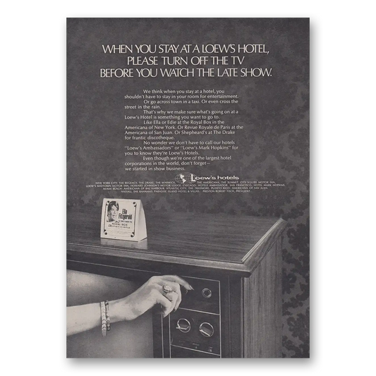 1969 Loews Hotels Please Turn Off the TV Before You Watch the Late Show Vintage Magazine Print Ad