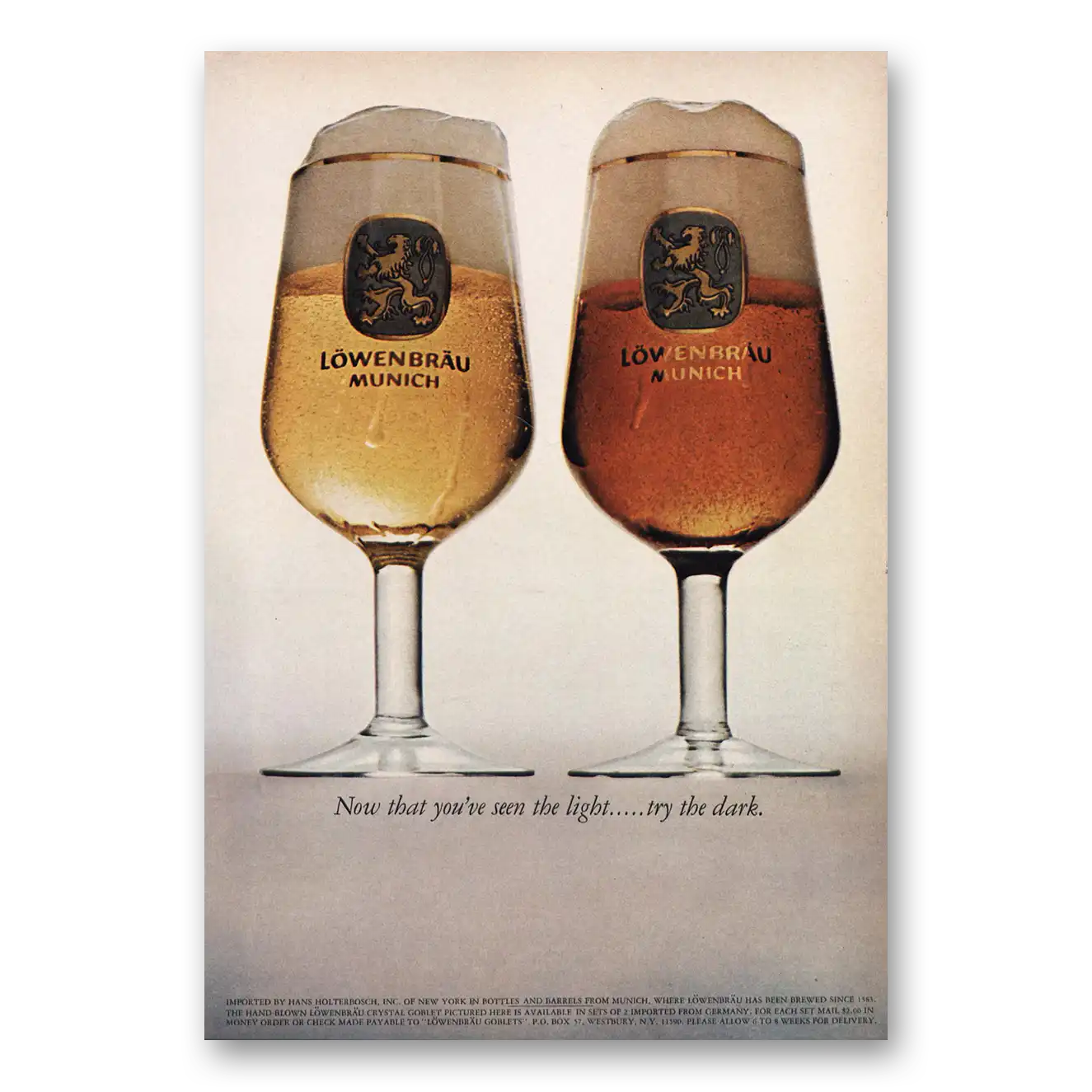 1969 Lowenbrau Beer Now You’ve Seen the Light Try the Dark Vintage Magazine Print Ad