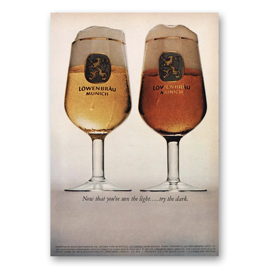 1969 Lowenbrau Beer Now You’ve Seen the Light Try the Dark Vintage Magazine Print Ad