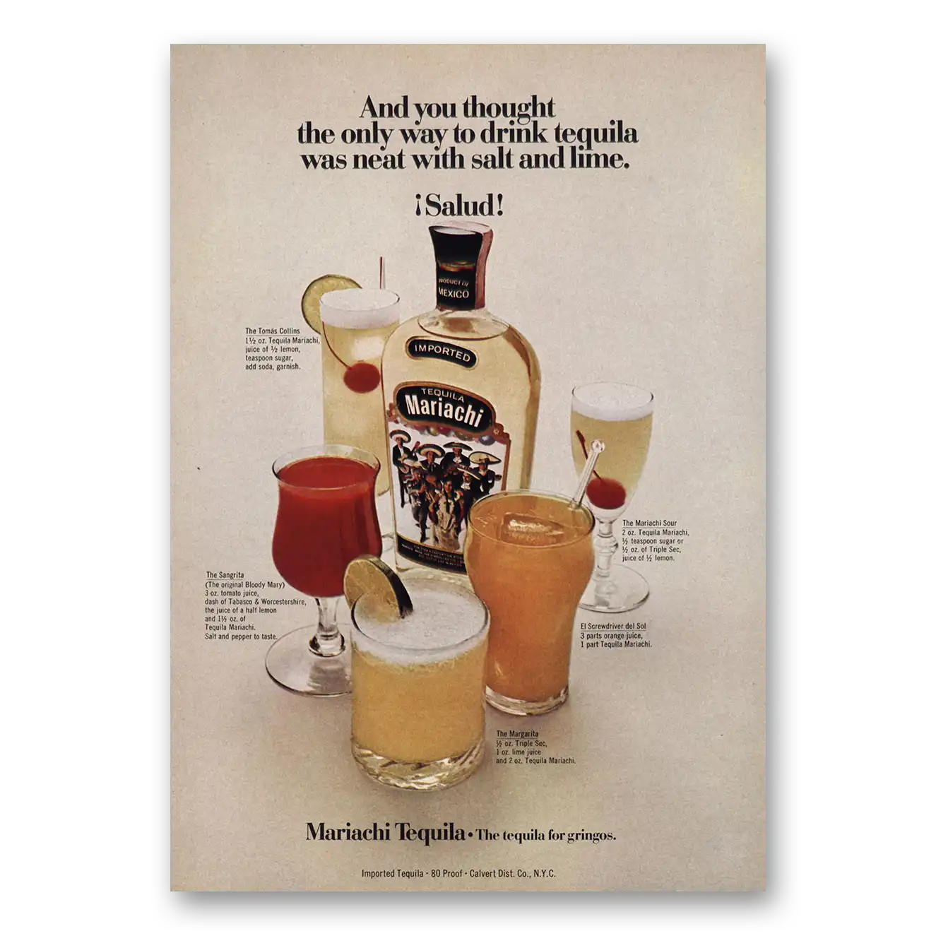 1969 Mariachi Tequila Neat With Salt and Lime Salud Vintage Magazine Print Ad