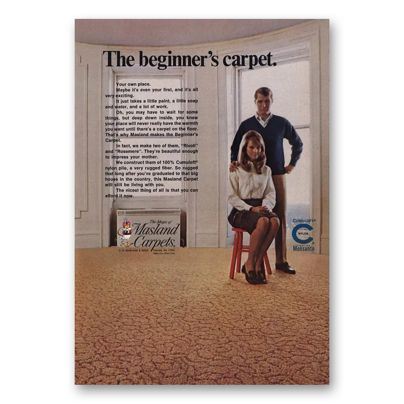 1969 Masland Carpet Beginners Carpet Vintage Magazine Print Ad