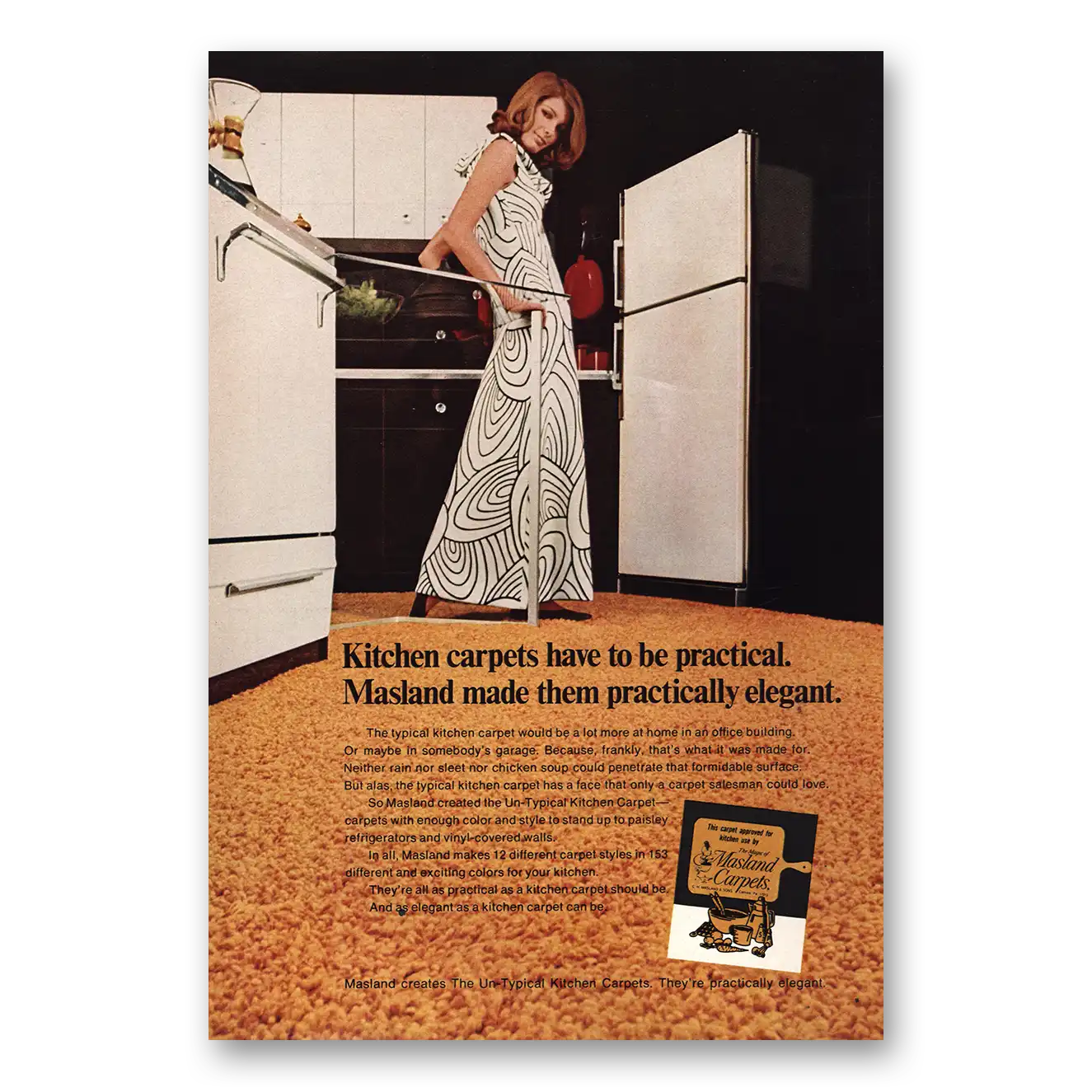 1969 Masland Carpet Kitchen Carpets Have to Be Practical Vintage Magazine Print Ad