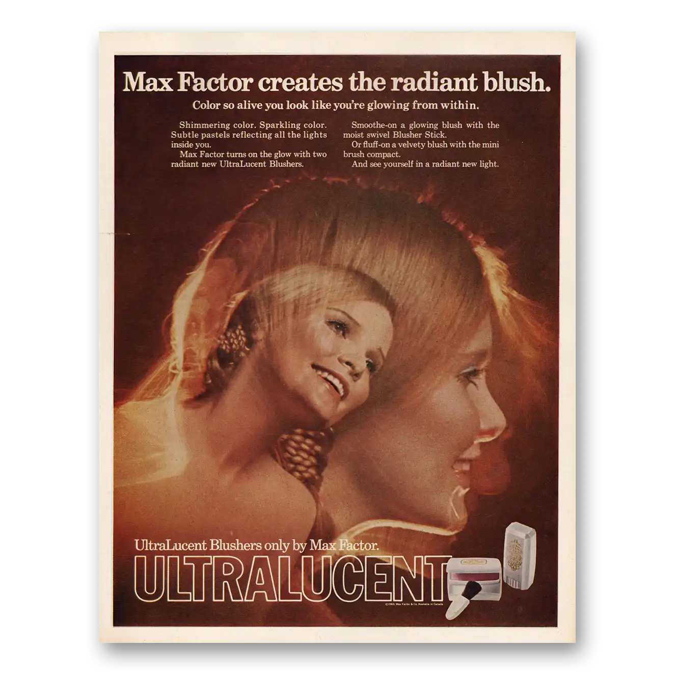 1969 Max Factor Ultralucent Blush Creates the Radiant Blush Vintage Magazine Print Ad