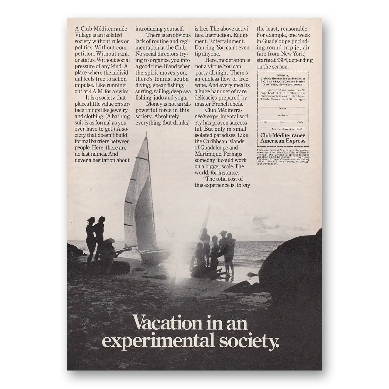 1969 American Express Club Mediterranean Vacation In an Experimental Society Vintage Magazine Print Ad