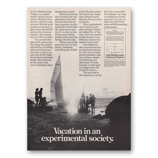 1969 American Express Club Mediterranean Vacation In an Experimental Society Vintage Magazine Print Ad