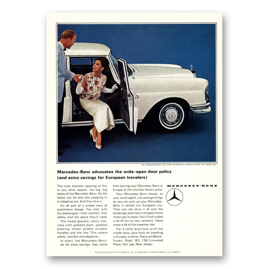 1969 Mercedes Benz 220 Advocates the Wide Open Door Vintage Magazine Print Ad