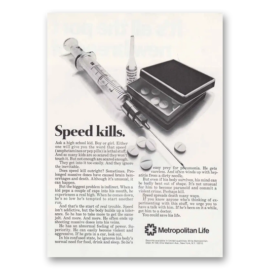 1969 Metropolitan Life Insurance Speed Kills Vintage Magazine Print Ad