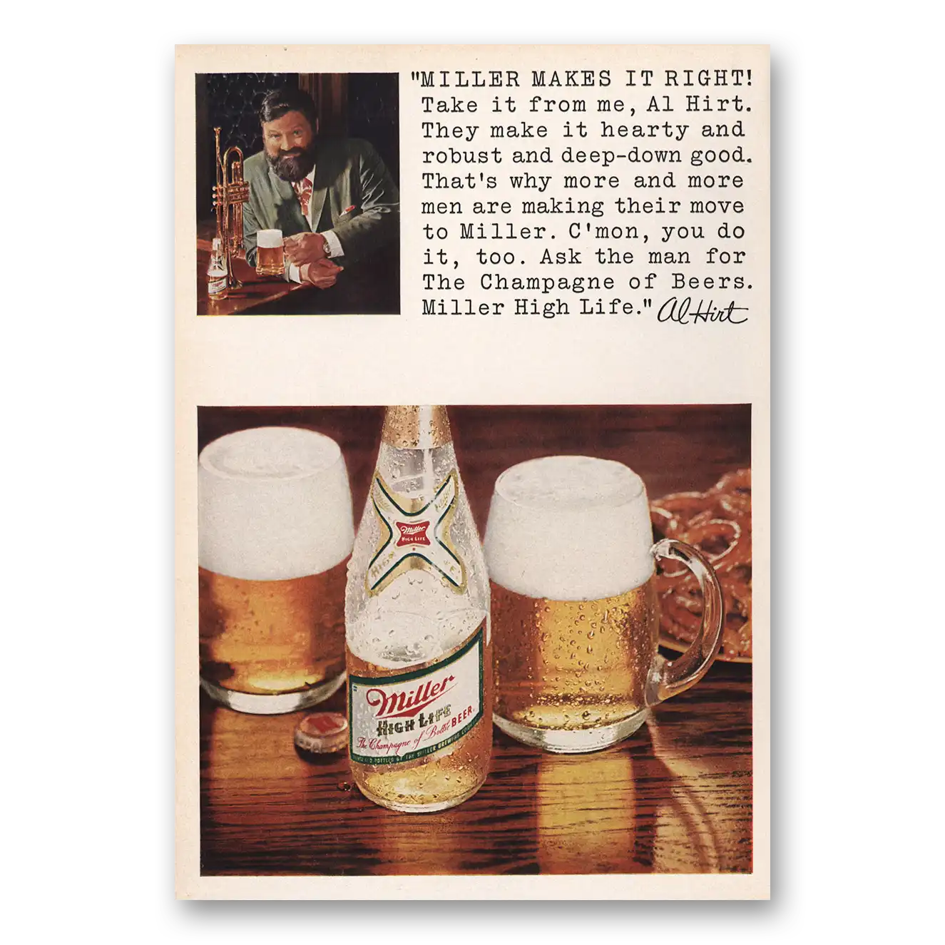 1969 Miller Beer Makes It Great Al Hirt Vintage Magazine Print Ad