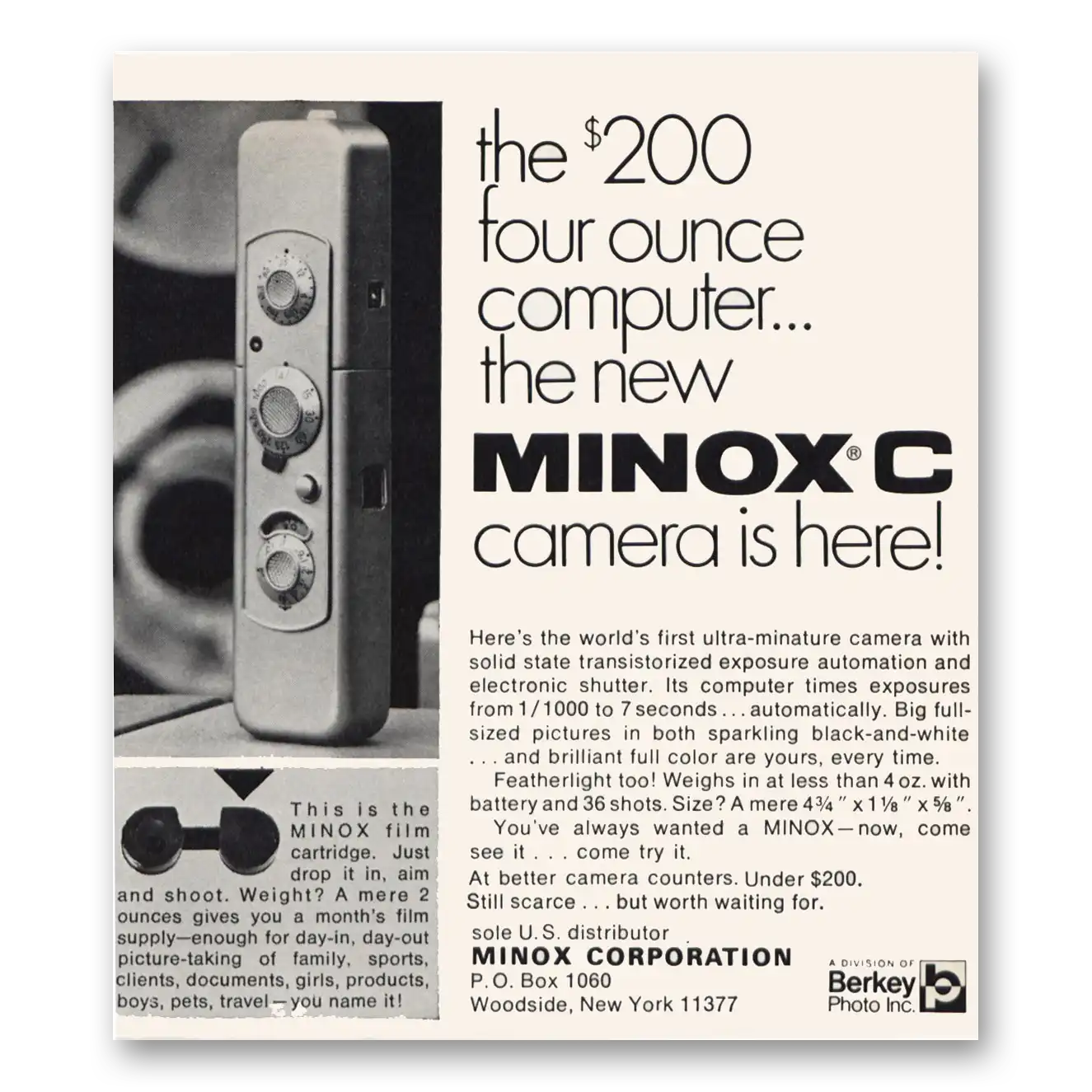 1969 Minox Camera Four Ounce Computer Vintage Magazine Print Ad