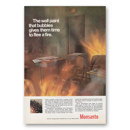 1969 Monsanto Paint That Bubbles Gives Them Time to Flee a Fire Vintage Magazine Print Ad