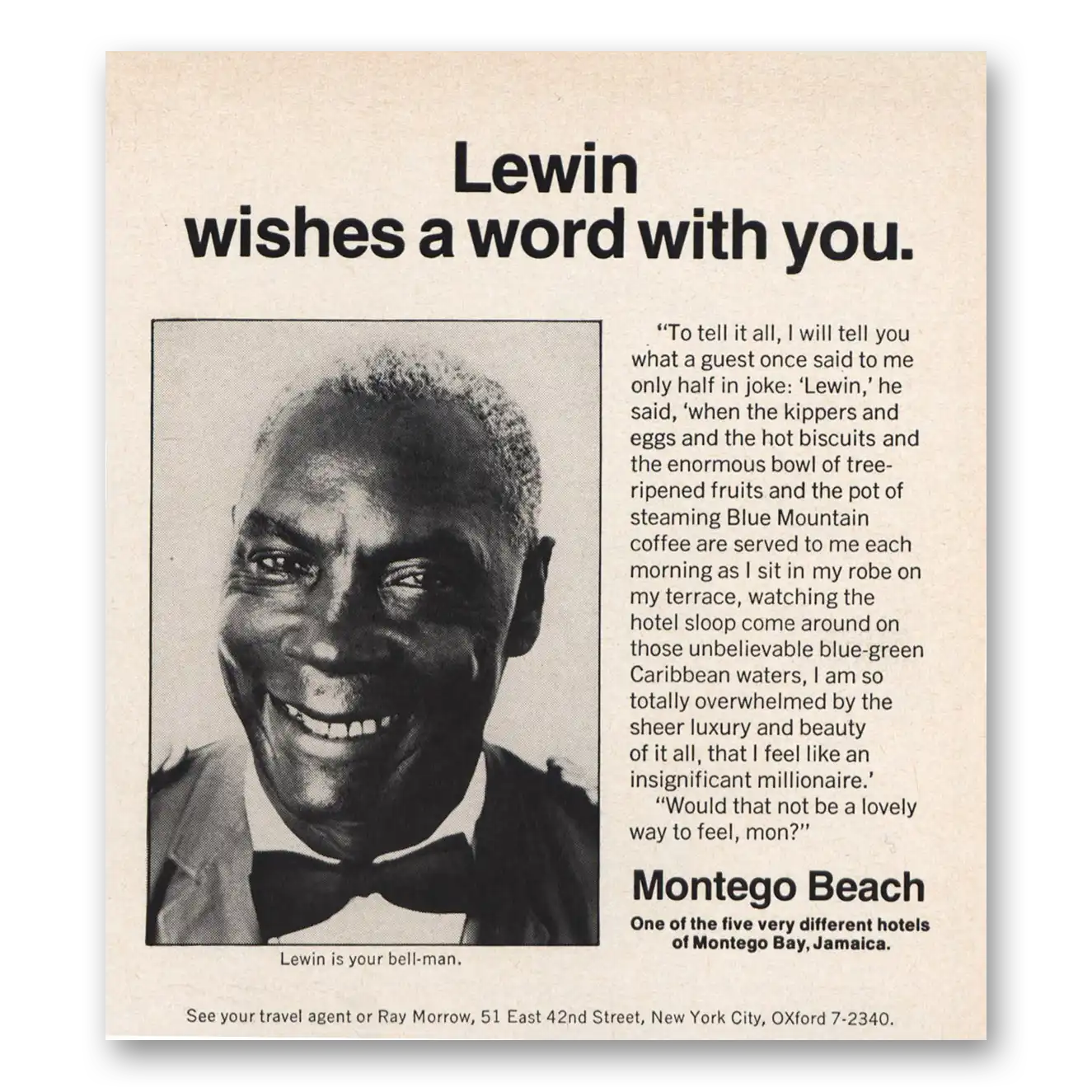 1969 Jamaica Montego Beach Lewin Wishes a Word With You Vintage Magazine Print Ad