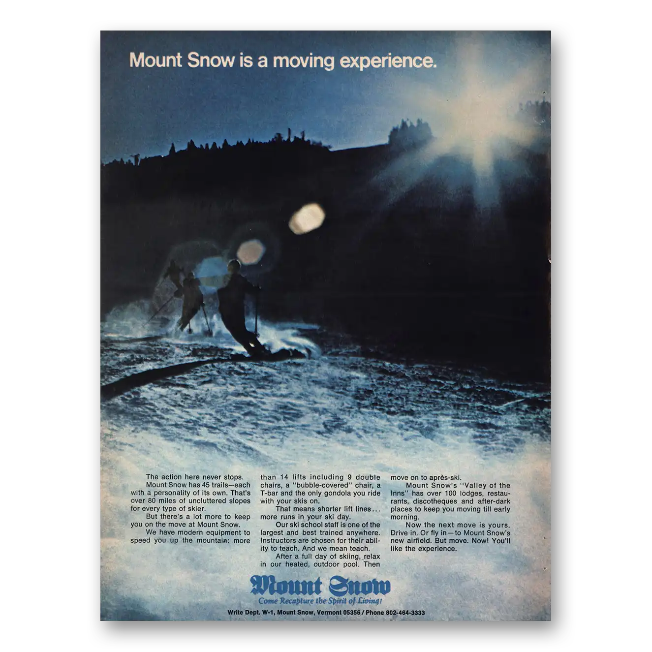 1969 Mount Snow Moving Experience Vintage Magazine Print Ad