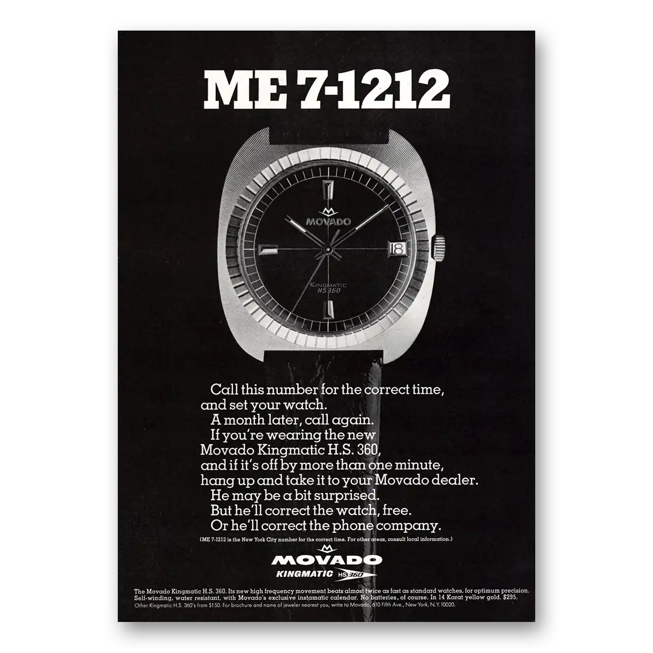 1969 Movado Watch ME 71212 Call This Number Correct Time Vintage Magazine Print Ad