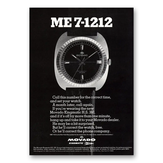 1969 Movado Watch ME 71212 Call This Number Correct Time Vintage Magazine Print Ad