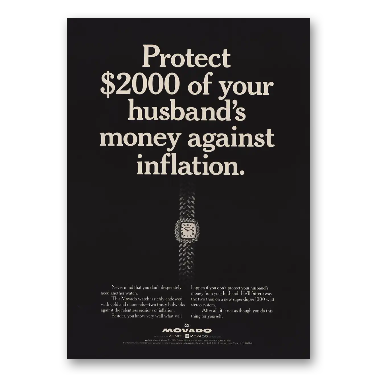 1969 Movado Watch Protect Husbands Money Against Inflation Vintage Magazine Print Ad