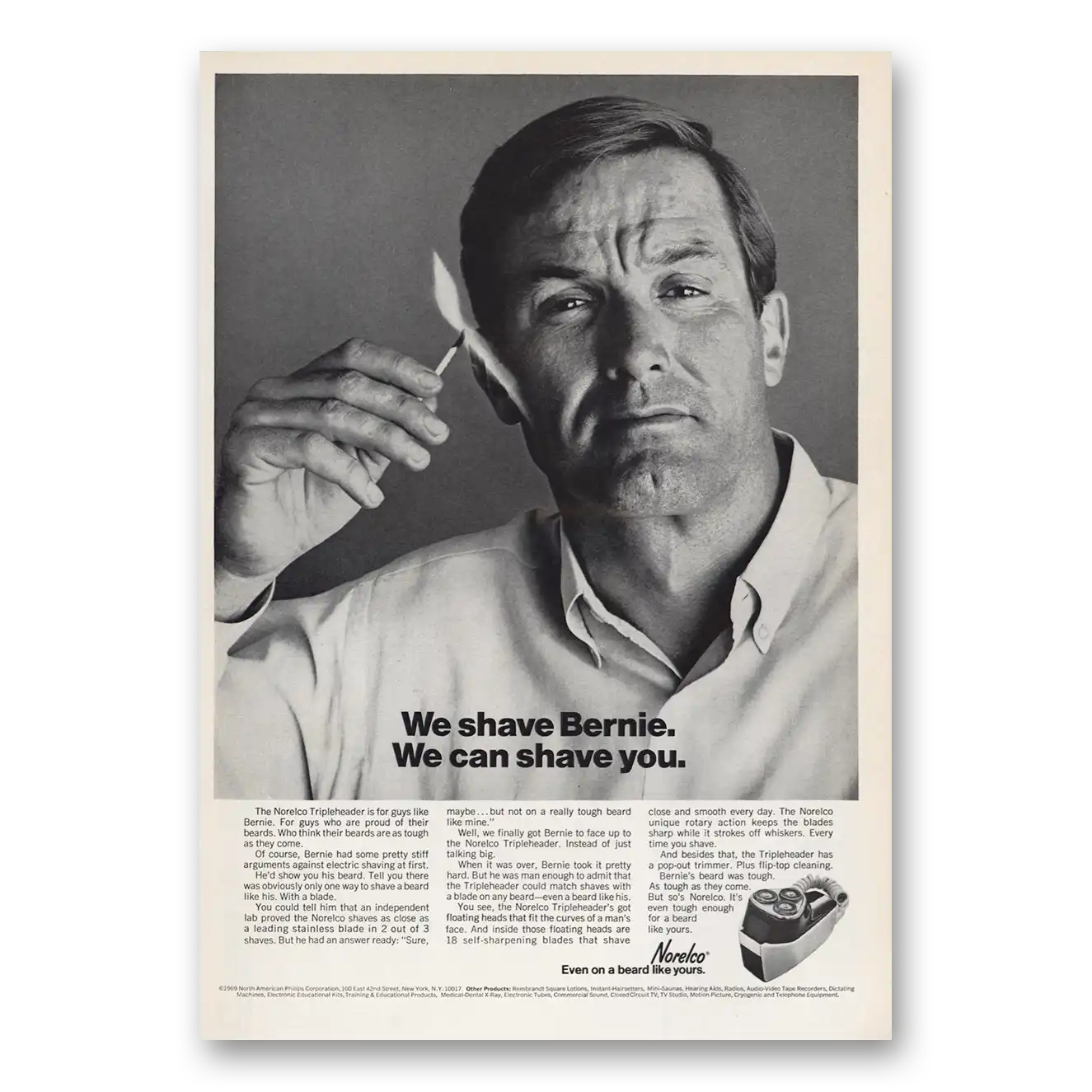 1969 Norelco Shaver We Shave Bernie We Can Shave You Vintage Magazine Print Ad