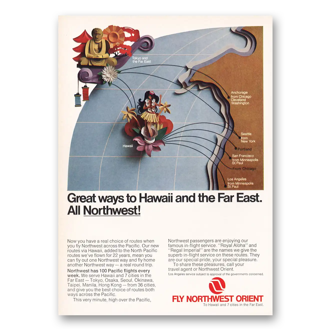 1969 Northwest Orient Airlines Great Ways to Hawaii and the Far East Vintage Magazine Print Ad