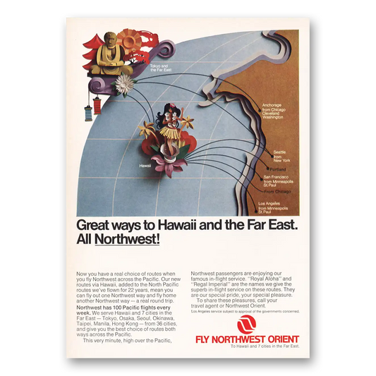 1969 Northwest Orient Airlines Great Ways to Hawaii and the Far East Vintage Magazine Print Ad