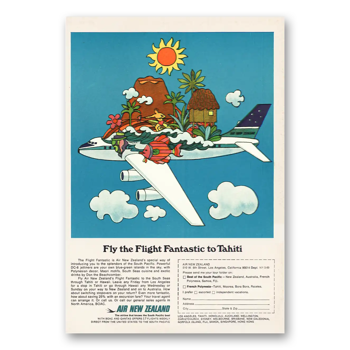 1969 Air New Zealand Flight Fantastic to Tahiti Vintage Magazine Print Ad