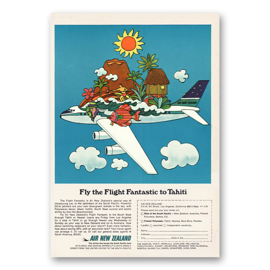 1969 Air New Zealand Flight Fantastic to Tahiti Vintage Magazine Print Ad