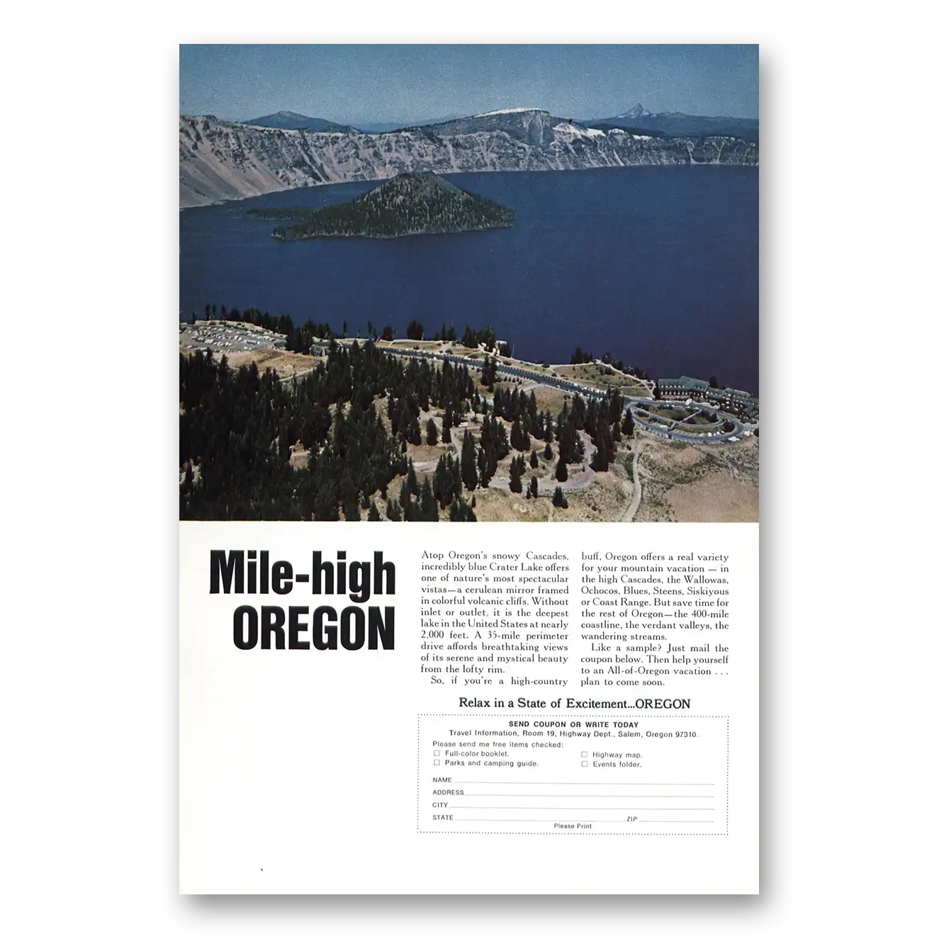 1969 Oregon Mile High Vintage Magazine Print Ad