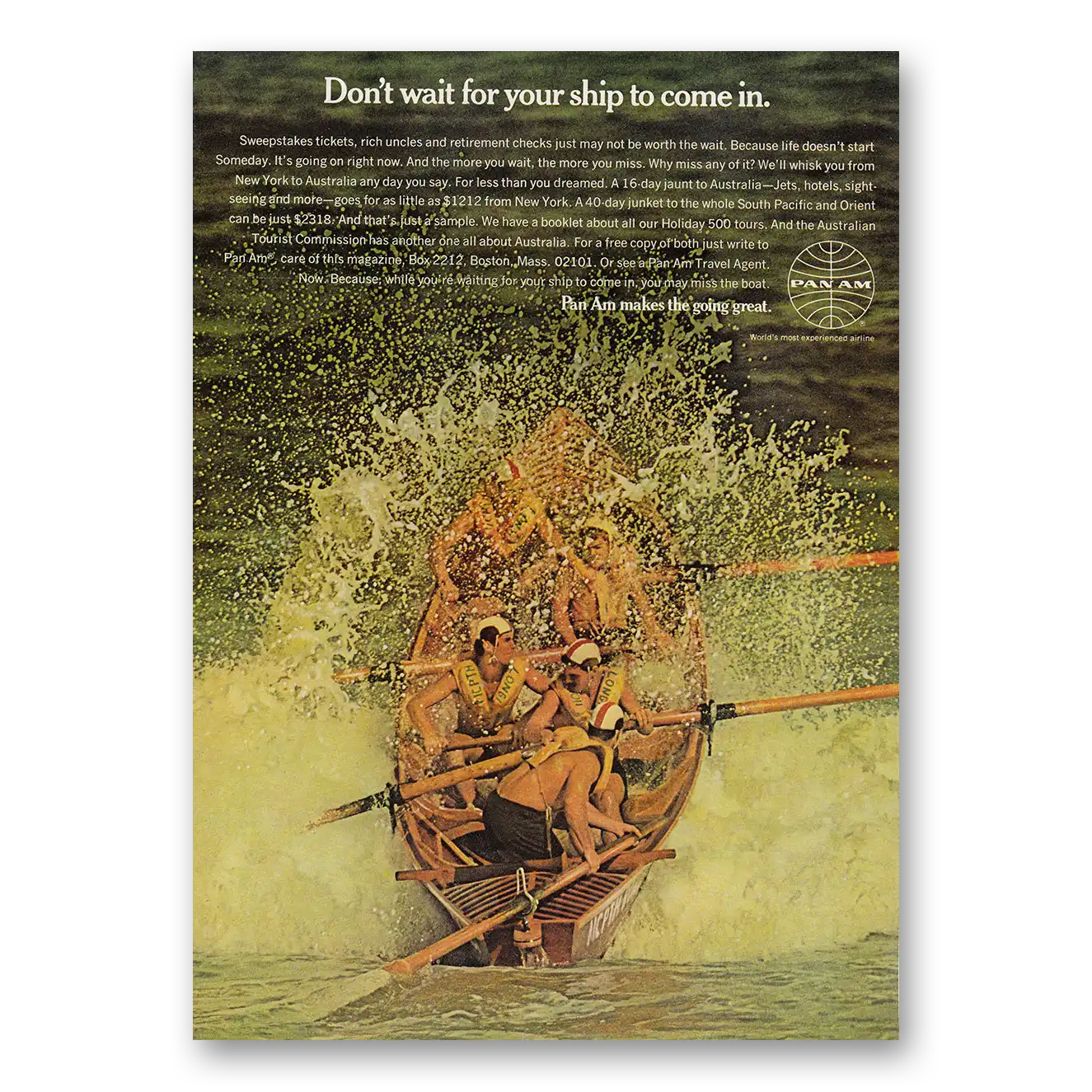 1969 Pan Am Don't Wait For Your Ship To Come In Vintage Magazine Print Ad