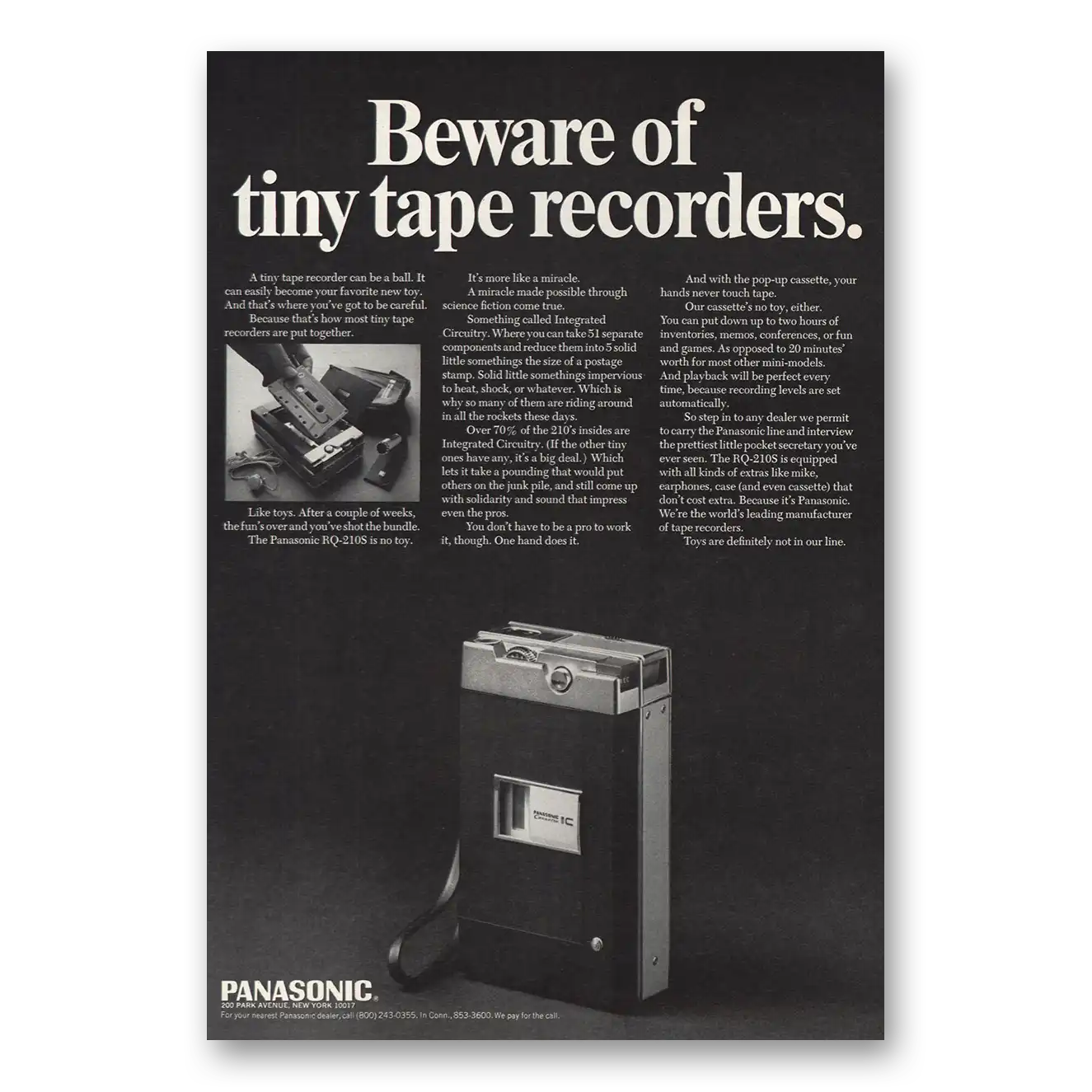 1969 Panasonic Beware of Tiny Tape Recorders Vintage Magazine Print Ad